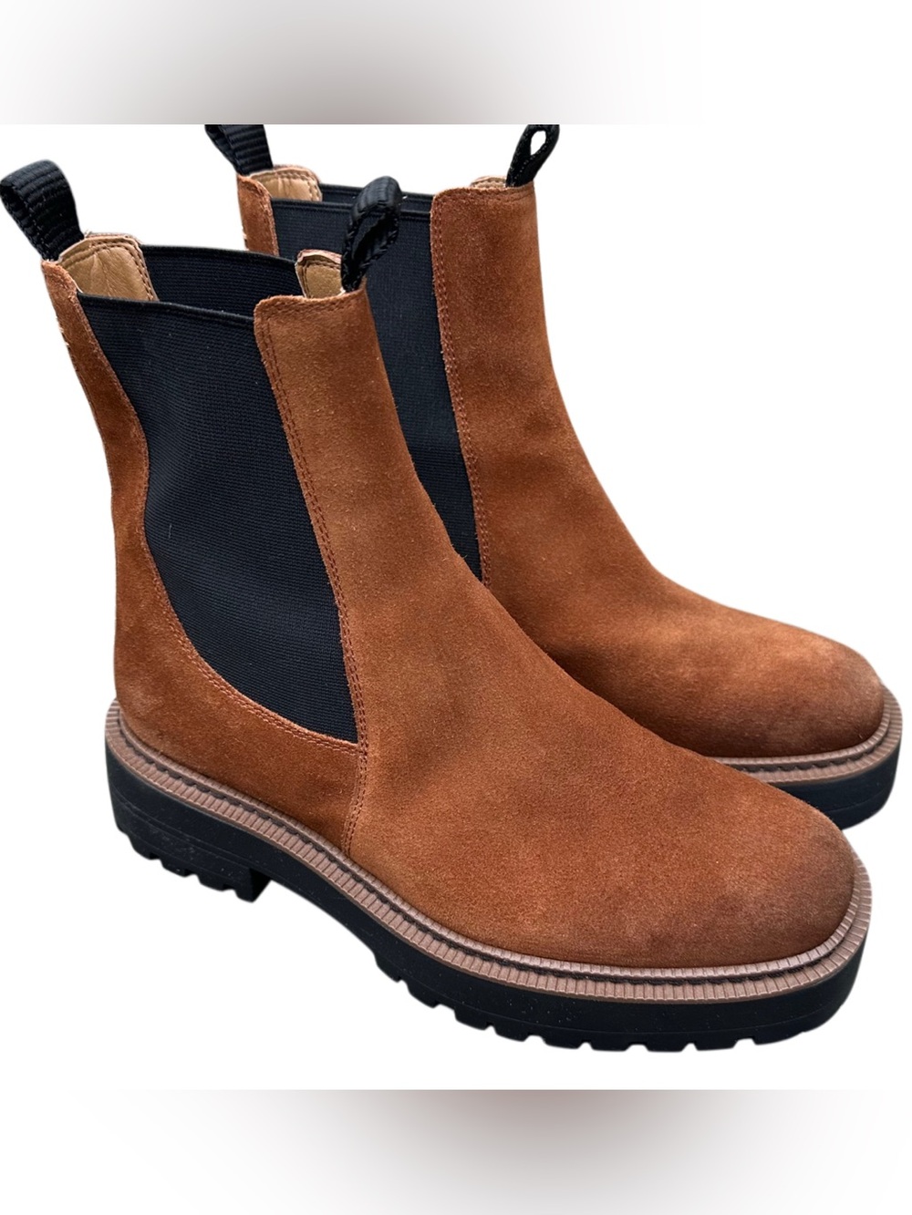 Sam Edelman Laguna Chelsea Boots Cognac Suede Lug Sole Ankle Boots 7.5